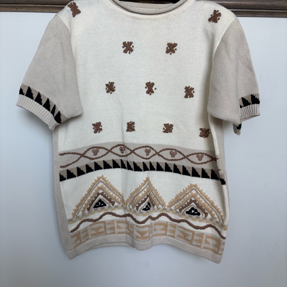 Franco Valeri - Vintage Patterned Beige and Brown Women's Sweater, size small
